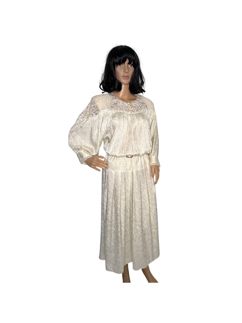 Vintage E.D. Michaels Cream Jacquard Prairie Dress Crochet Lace 80s USA medium